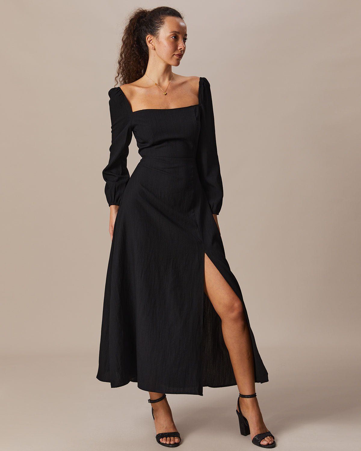 The Black Square Neck Long Sleeves Maxi Dress sold by rihoas product image thumbnail 2