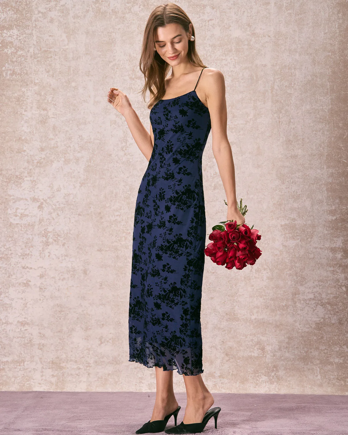 The Navy Floral Flocked Mesh Slip Maxi Dress sold by rihoas product image thumbnail 5