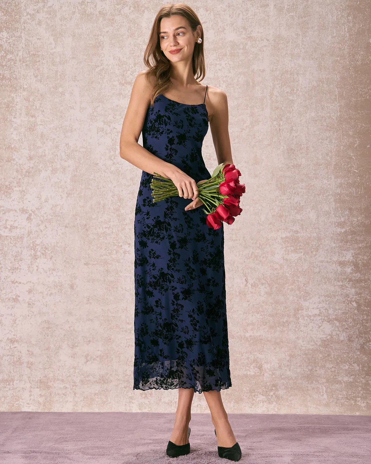 The Navy Floral Flocked Mesh Slip Maxi Dress sold by rihoas