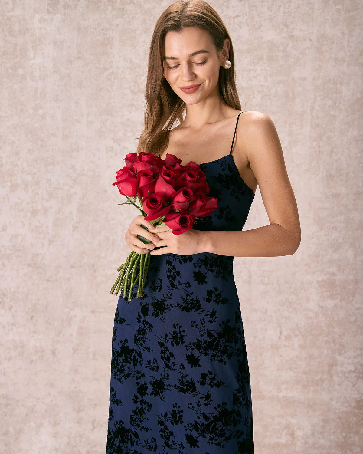 The Navy Floral Flocked Mesh Slip Maxi Dress sold by rihoas product image thumbnail 2