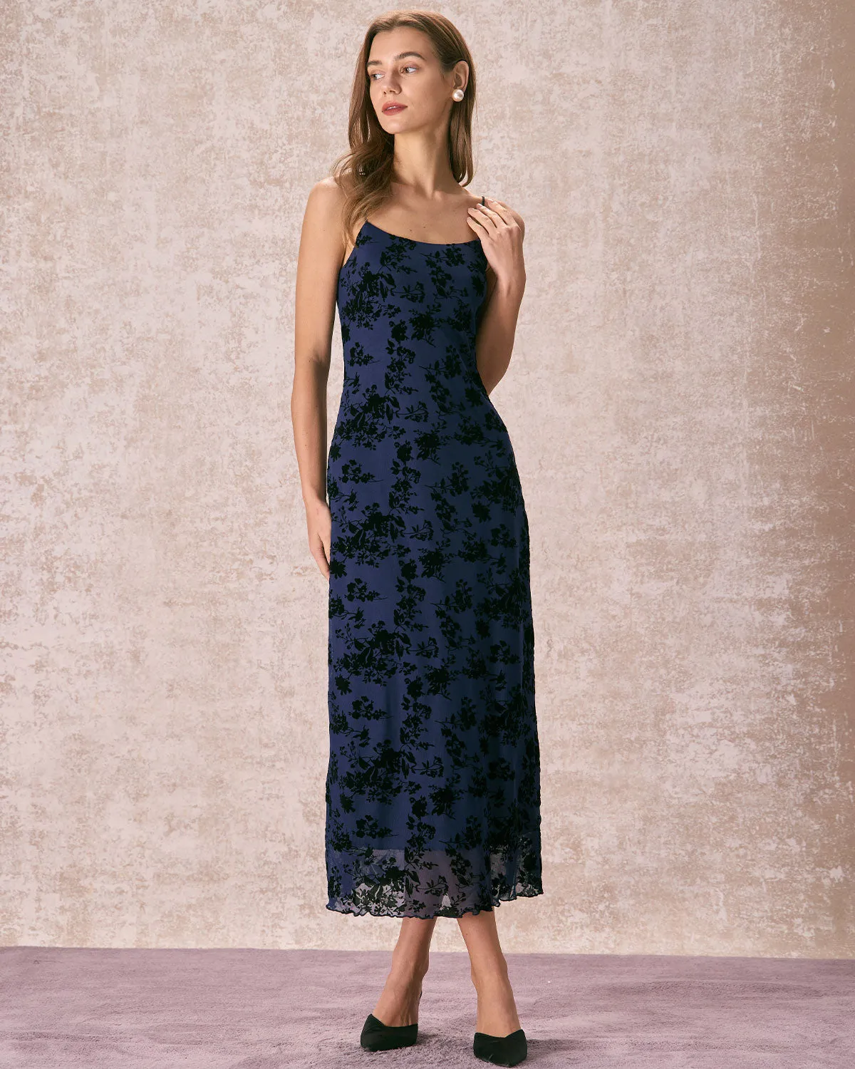The Navy Floral Flocked Mesh Slip Maxi Dress sold by rihoas product image thumbnail 4