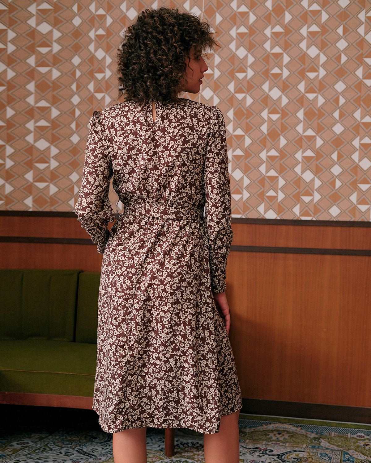 The Floral Tie Waist Long Sleeve Midi Dress sold by rihoas product image thumbnail 5