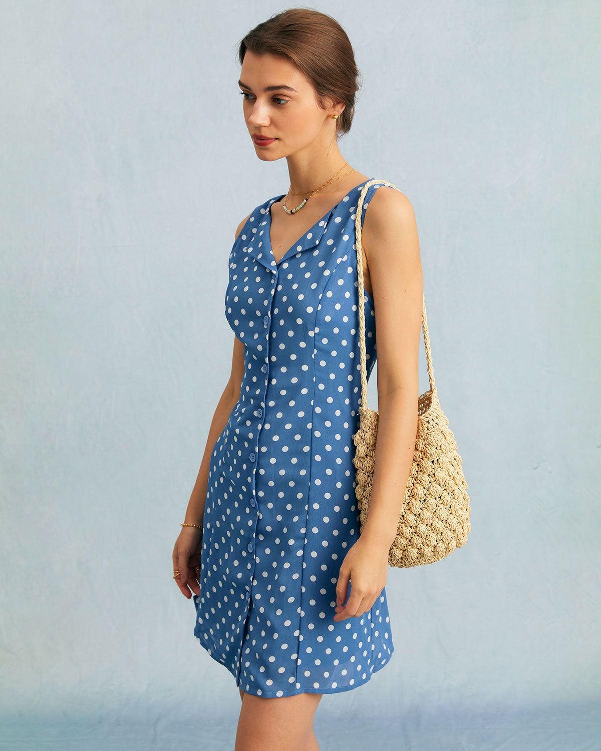The Blue V Neck Polka Dot A-line Mini Dress sold by rihoas product image thumbnail 3