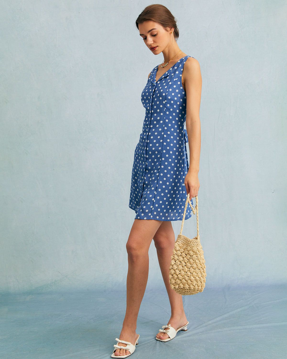 The Blue V Neck Polka Dot A-line Mini Dress sold by rihoas product image thumbnail 4