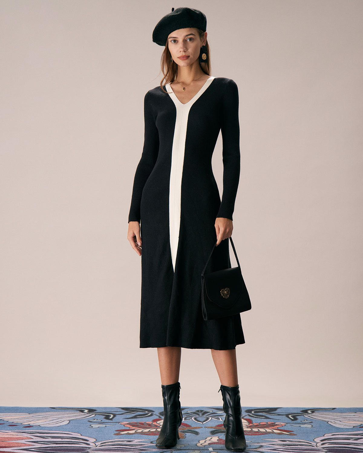The Black V Neck Colorblock Trim Midi Dress sold by rihoas product image thumbnail 3
