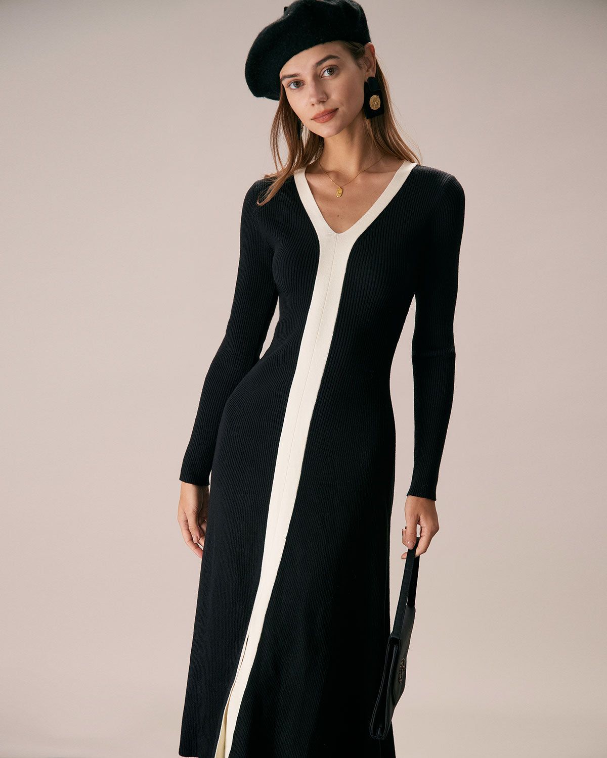 The Black V Neck Colorblock Trim Midi Dress sold by rihoas product image thumbnail 4