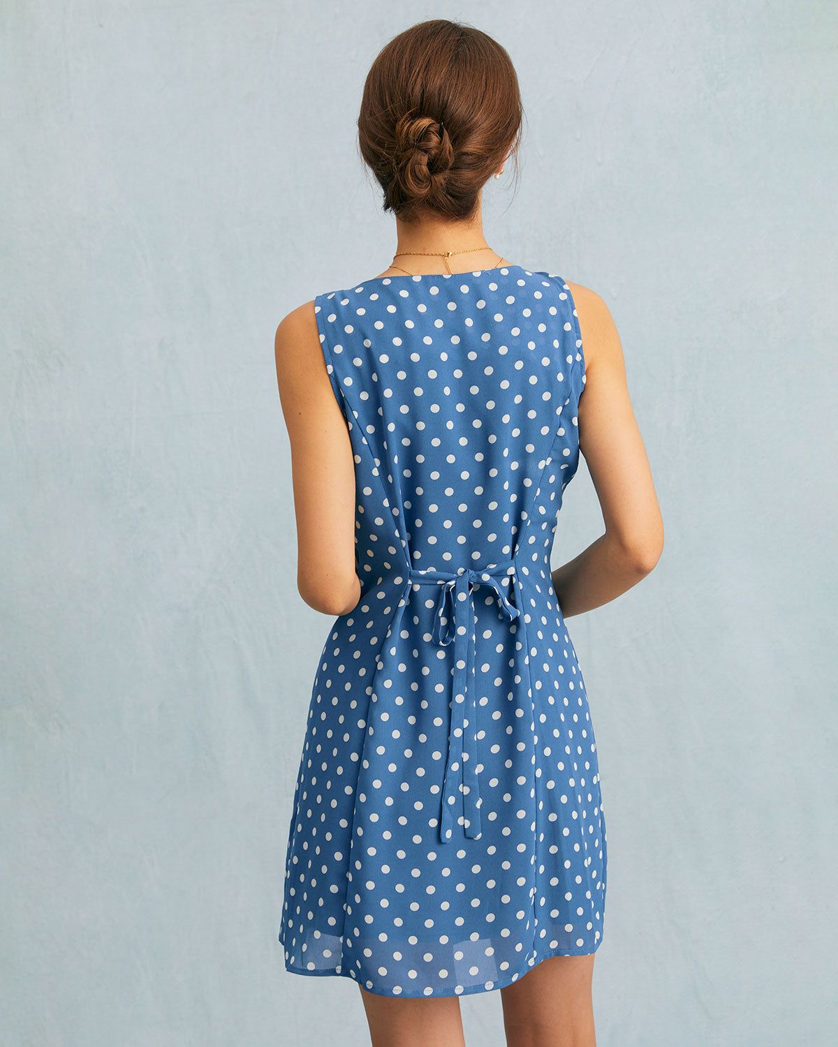 The Blue V Neck Polka Dot A-line Mini Dress sold by rihoas product image thumbnail 5