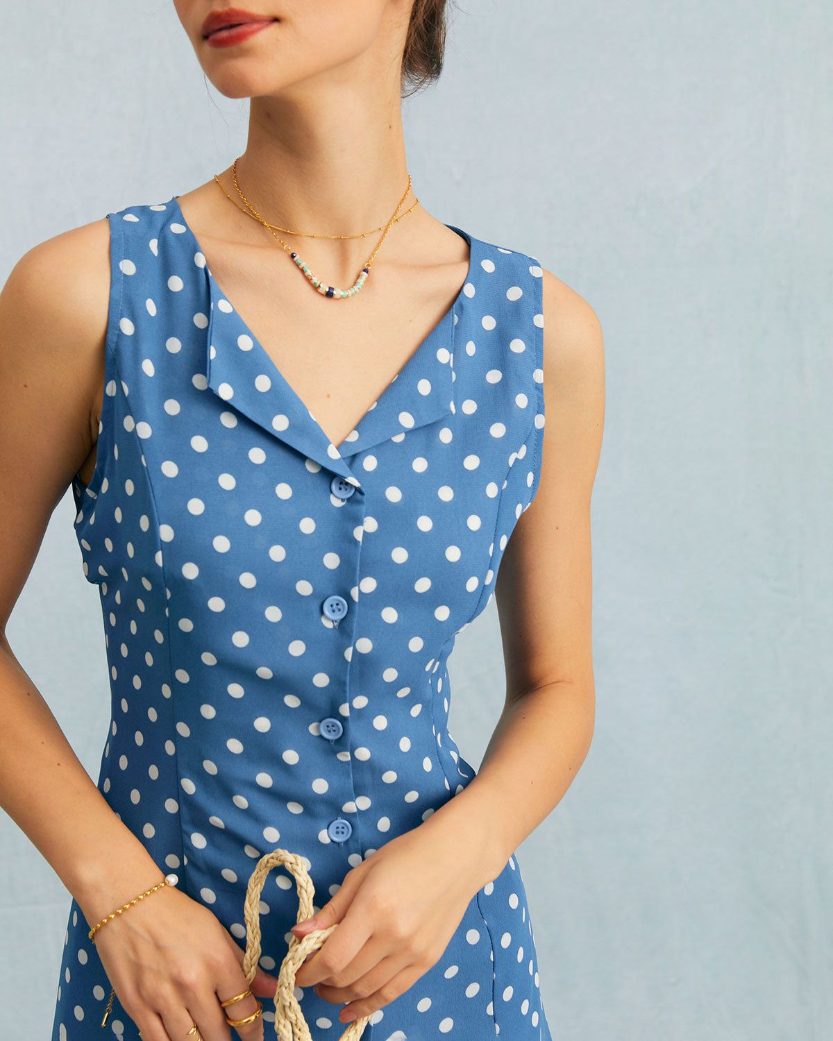 The Blue V Neck Polka Dot A-line Mini Dress sold by rihoas product image thumbnail 2