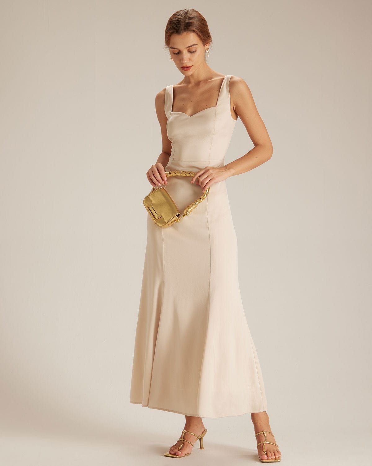 The Apricot Sweetheart Neck Satin Maxi Dress sold by rihoas product image thumbnail 4