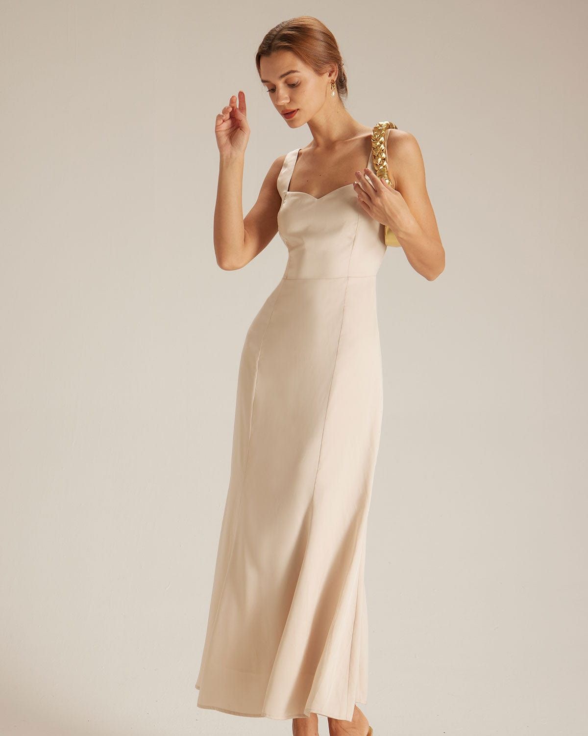 The Apricot Sweetheart Neck Satin Maxi Dress sold by rihoas product image thumbnail 5