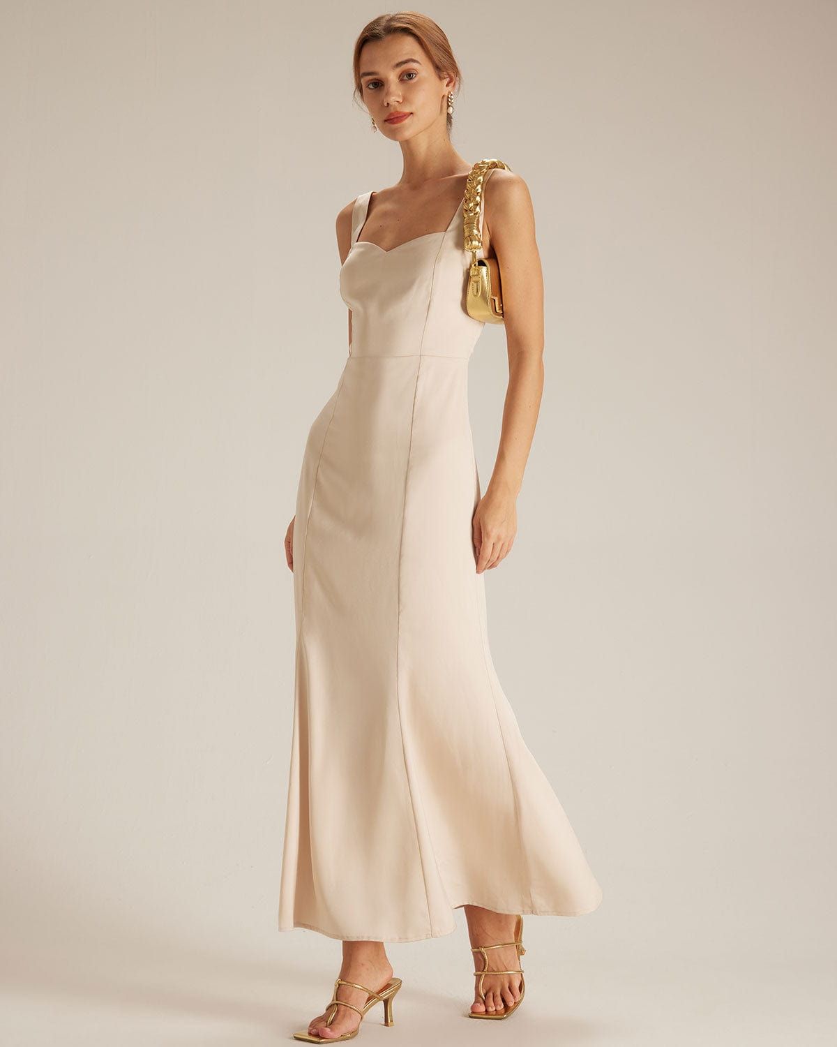The Apricot Sweetheart Neck Satin Maxi Dress sold by rihoas