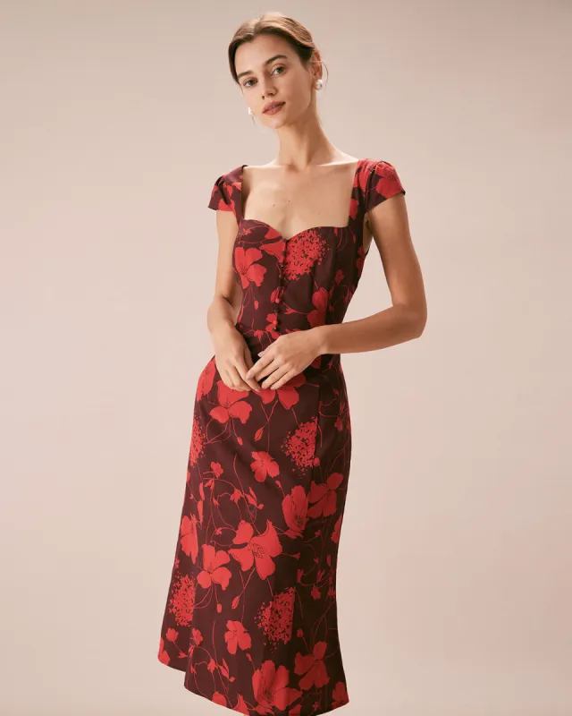 The Red Floral Sheath Cap Sleeve Midi Dress made by rihoas