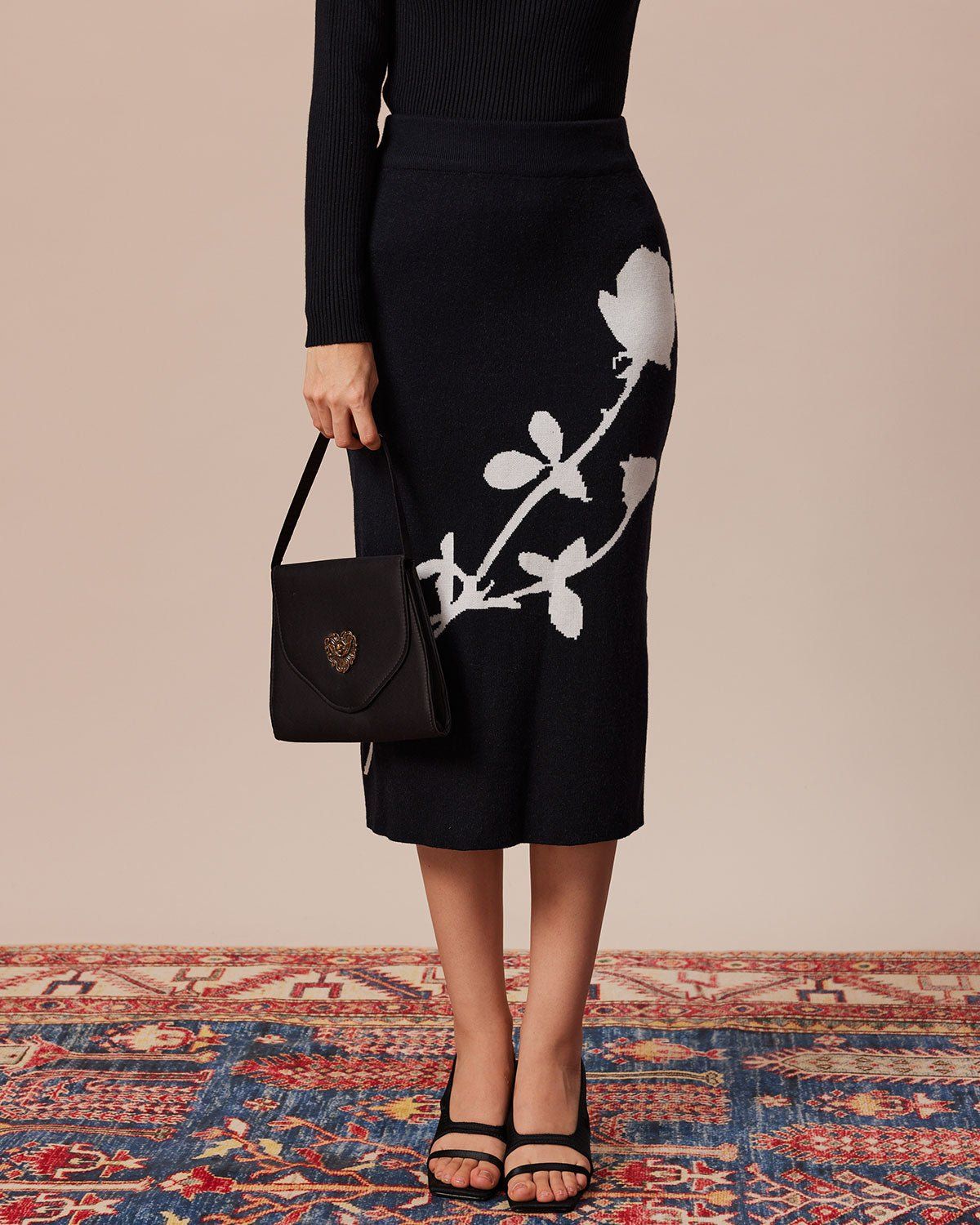 The Black High Waisted Floral Knit Midi Skirt sold by rihoas product image thumbnail 3