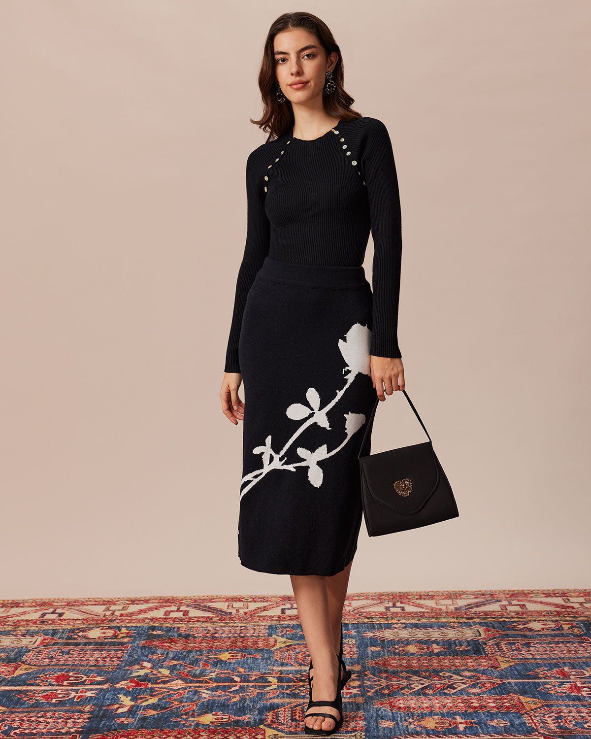 The Black High Waisted Floral Knit Midi Skirt sold by rihoas product image thumbnail 2