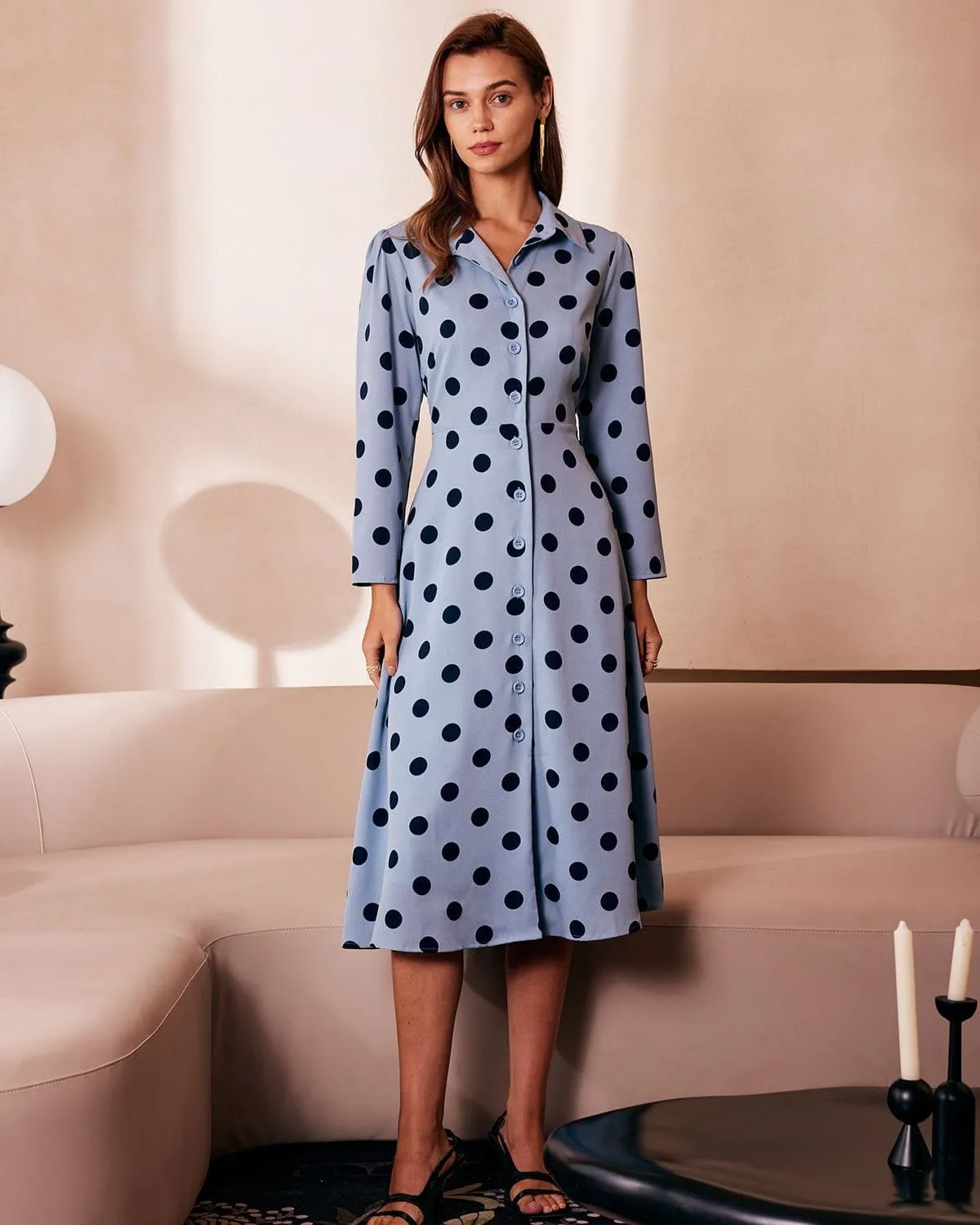 The Blue Lapel Polka Dot Button Midi Dress sold by rihoas product image thumbnail 2