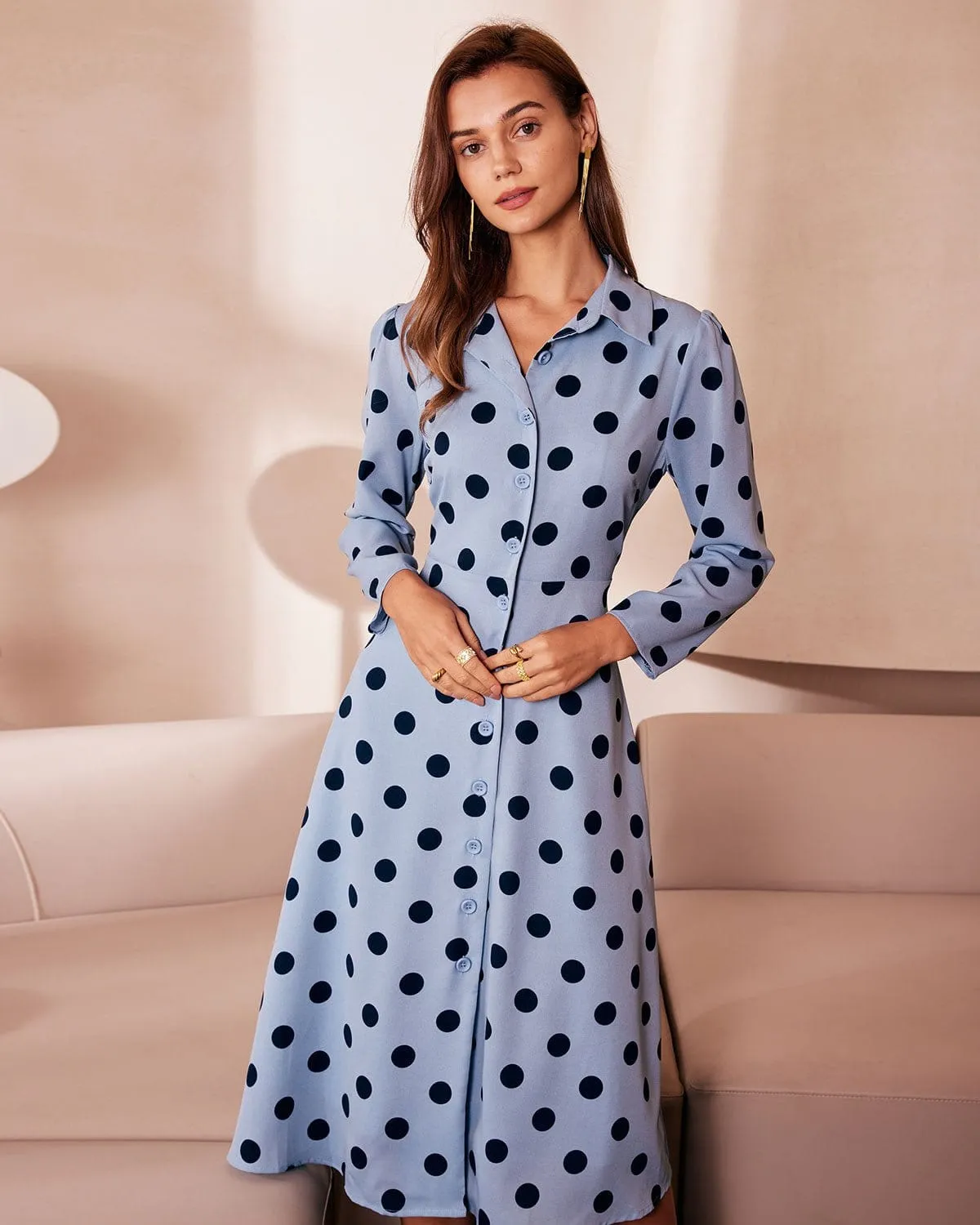 The Blue Lapel Polka Dot Button Midi Dress sold by rihoas