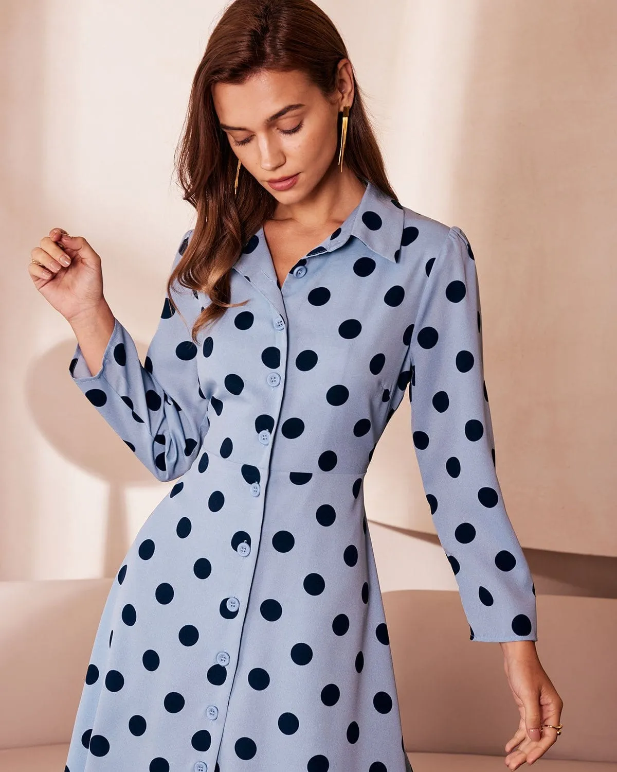 The Blue Lapel Polka Dot Button Midi Dress sold by rihoas product image thumbnail 3