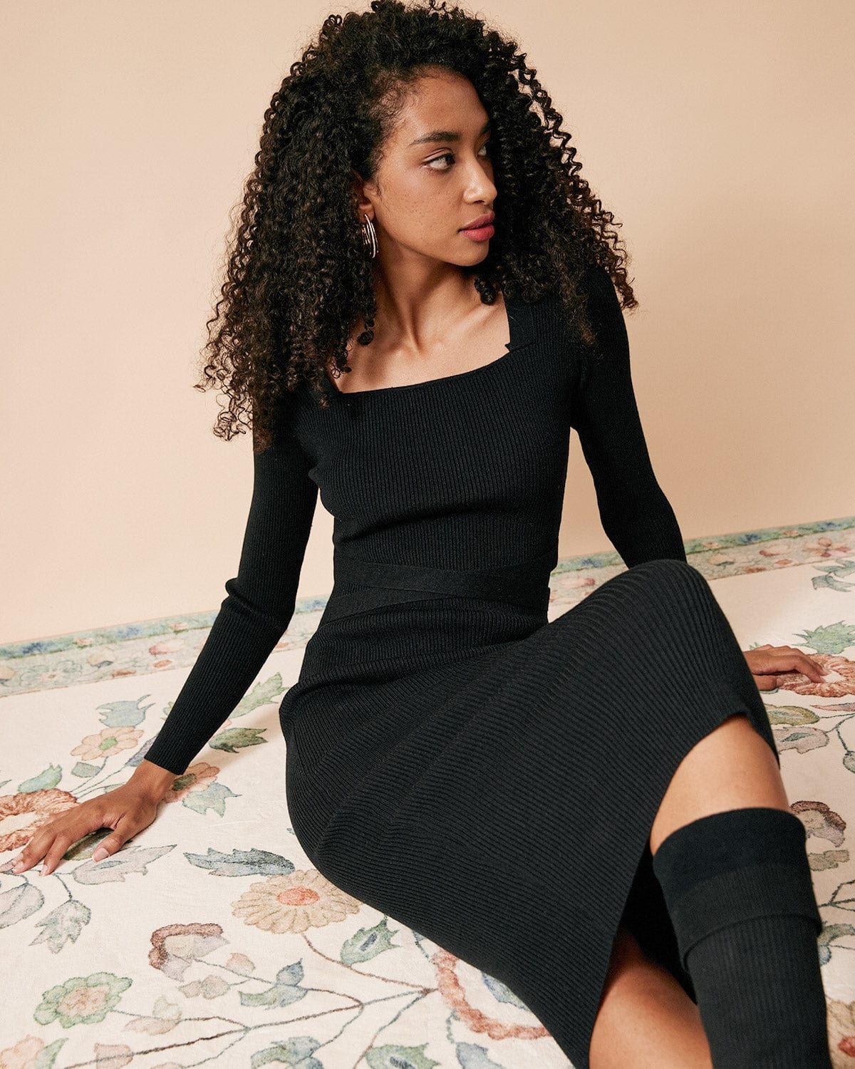 The Ribbed Long Sleeve Knit Midi Dress sold by rihoas product image thumbnail 4