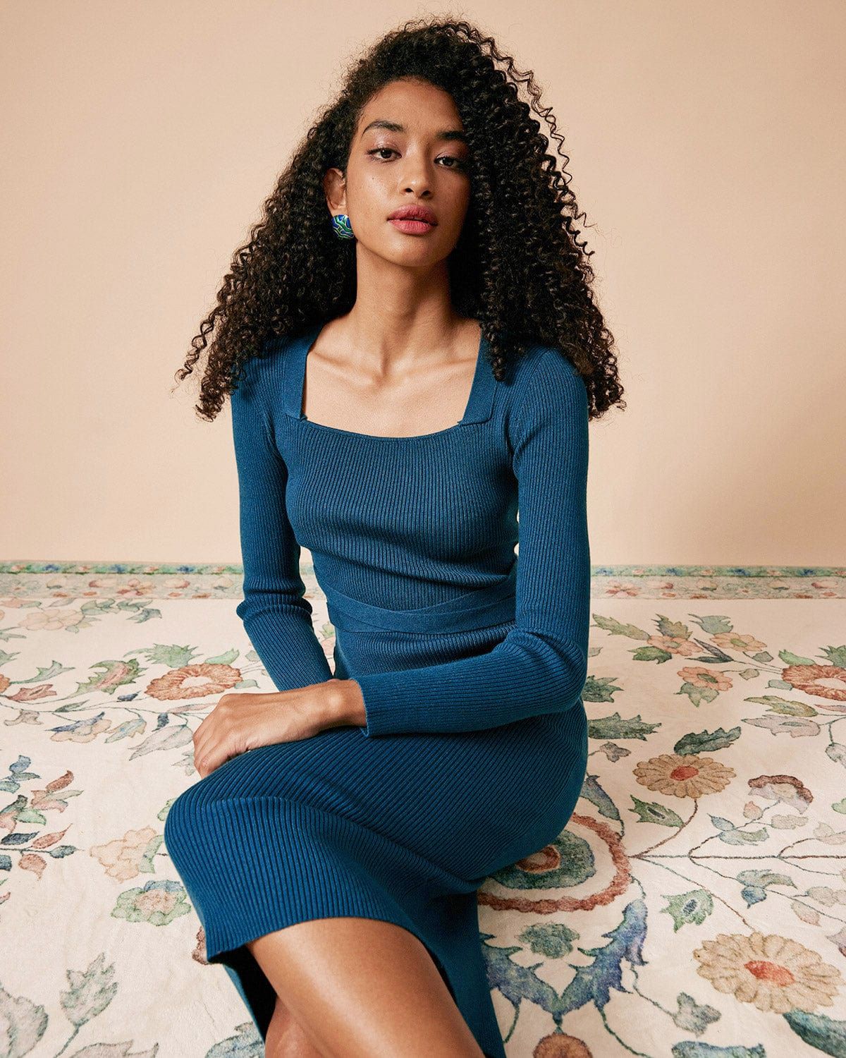 The Ribbed Long Sleeve Knit Midi Dress sold by rihoas product image thumbnail 8