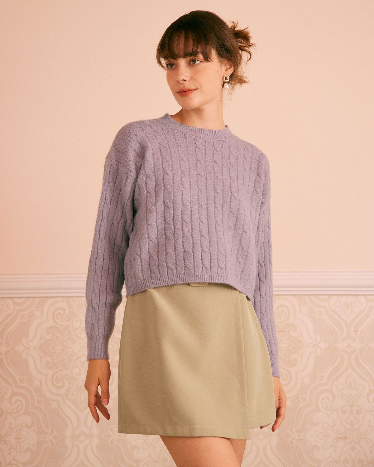 The Purple Round Neck Ribbed Cable Sweater sold by rihoas product image thumbnail 3