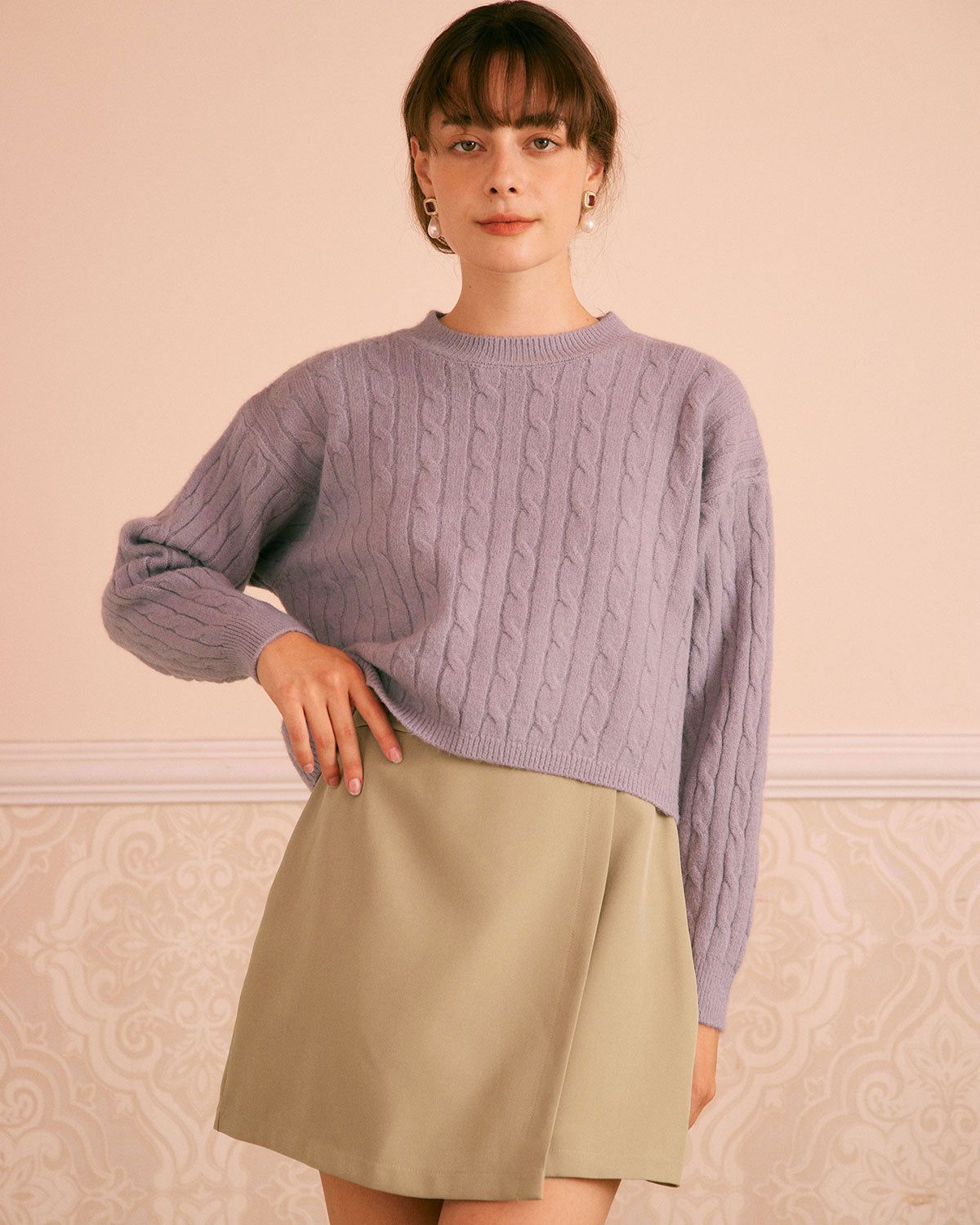 The Purple Round Neck Ribbed Cable Sweater sold by rihoas