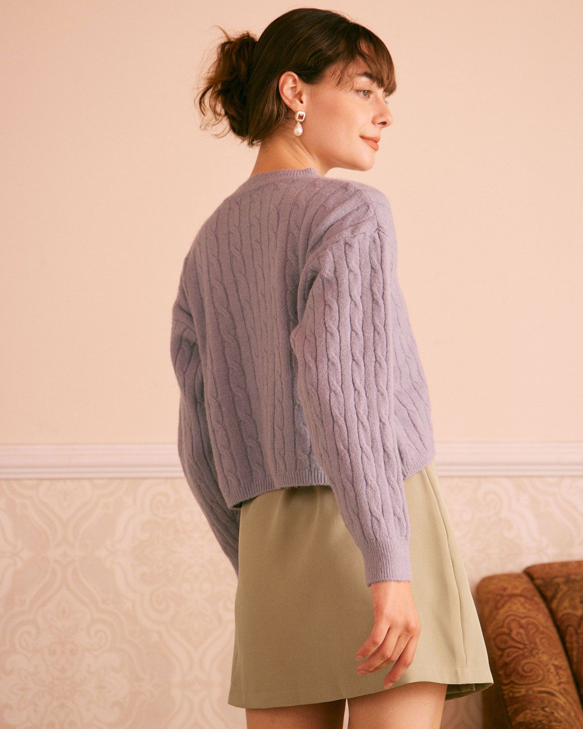 The Purple Round Neck Ribbed Cable Sweater sold by rihoas product image thumbnail 4