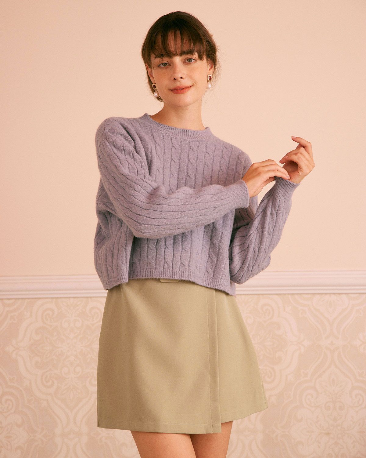 The Purple Round Neck Ribbed Cable Sweater sold by rihoas product image thumbnail 2