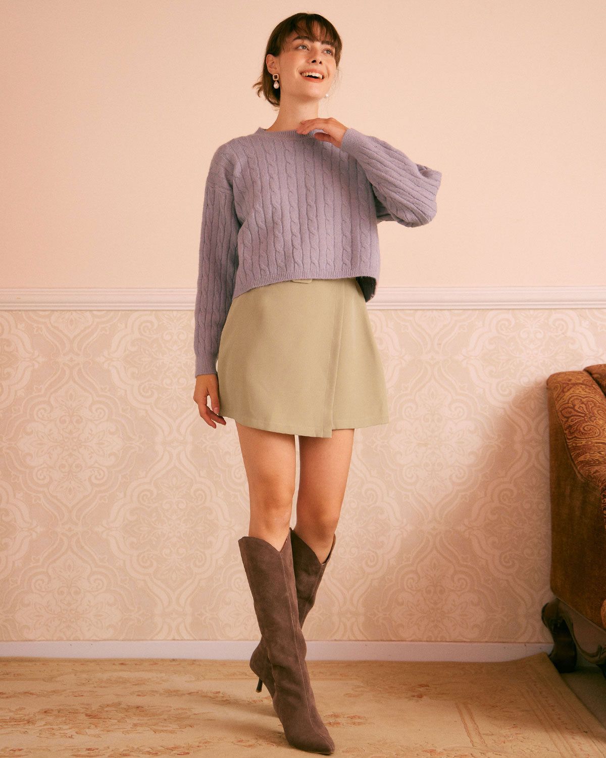 The Purple Round Neck Ribbed Cable Sweater sold by rihoas product image thumbnail 5