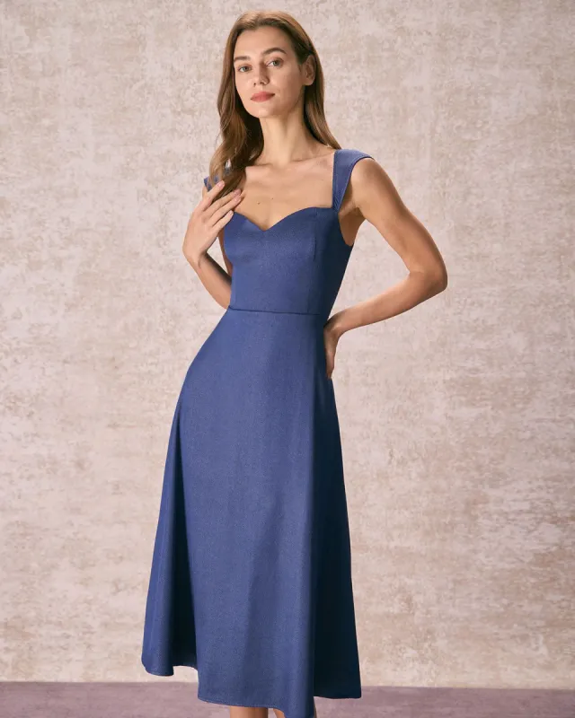 The Navy Sweetheart Neck Shirred Midi Dress sold by rihoas