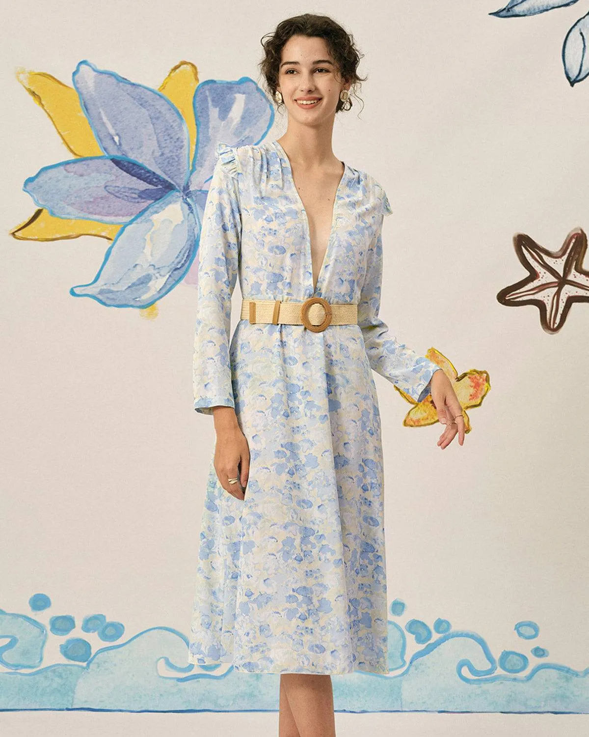 The Deep-V Ruffle Maxi Dress sold by rihoas product image thumbnail 2