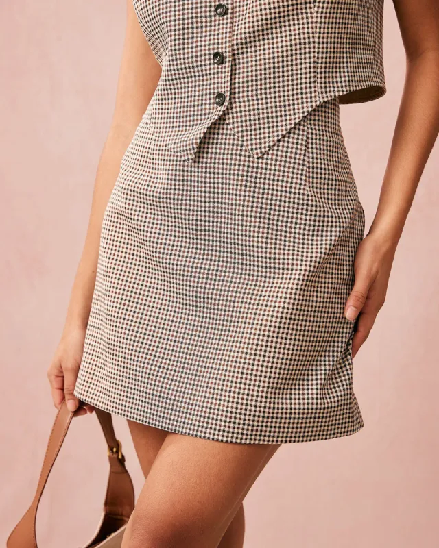 The Khaki Middle Waist Plaid Mini Skirt sold by rihoas