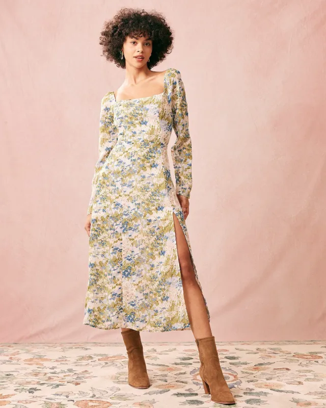 The Green Square Neck Floral Long Sleeve Midi Dress sold by rihoas