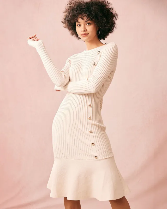 The Beige Knitted Long Sleeve Bodycon Midi Dress sold by rihoas
