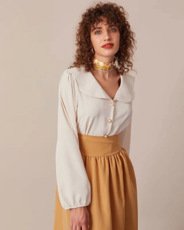The Beige Peter Pan Collar Long Sleeve Blouse sold by rihoas
