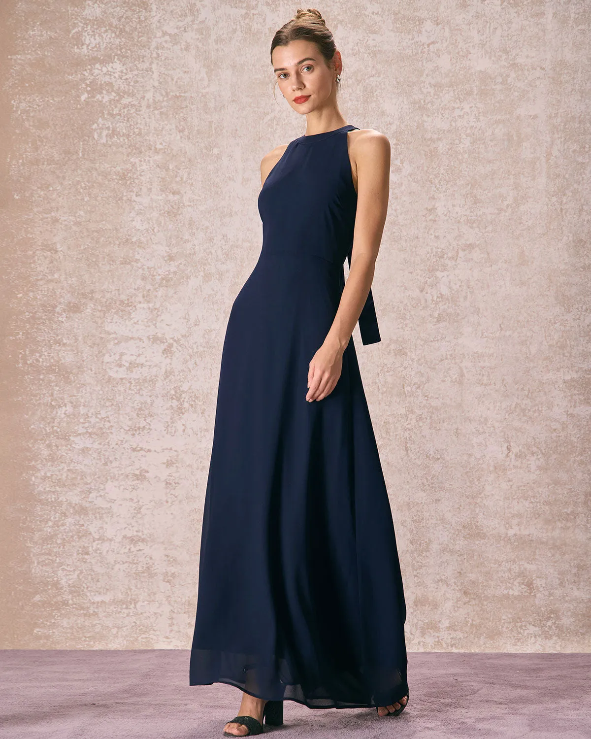 The Navy Halter Bowknot Back Maxi Dress sold by rihoas product image thumbnail 4