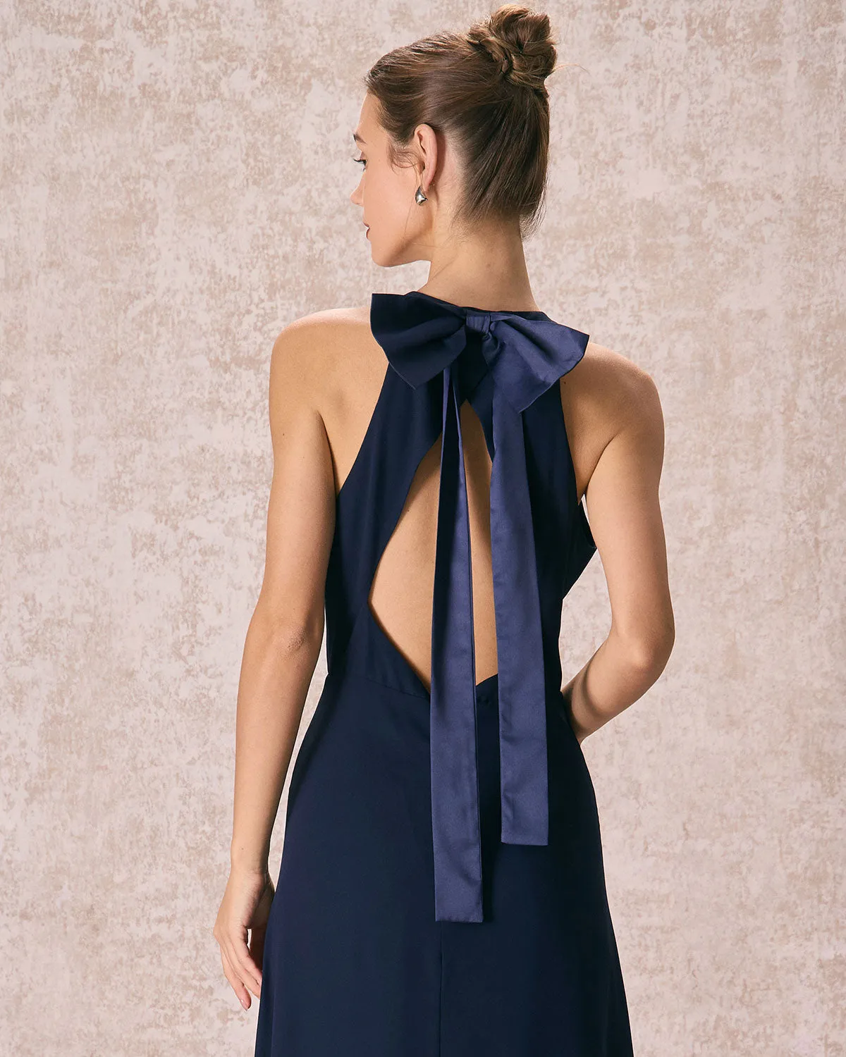 The Navy Halter Bowknot Back Maxi Dress sold by rihoas product image thumbnail 2