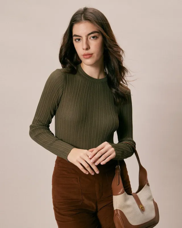 The Army Green Round Neck Ribbed Knit Top sold by rihoas