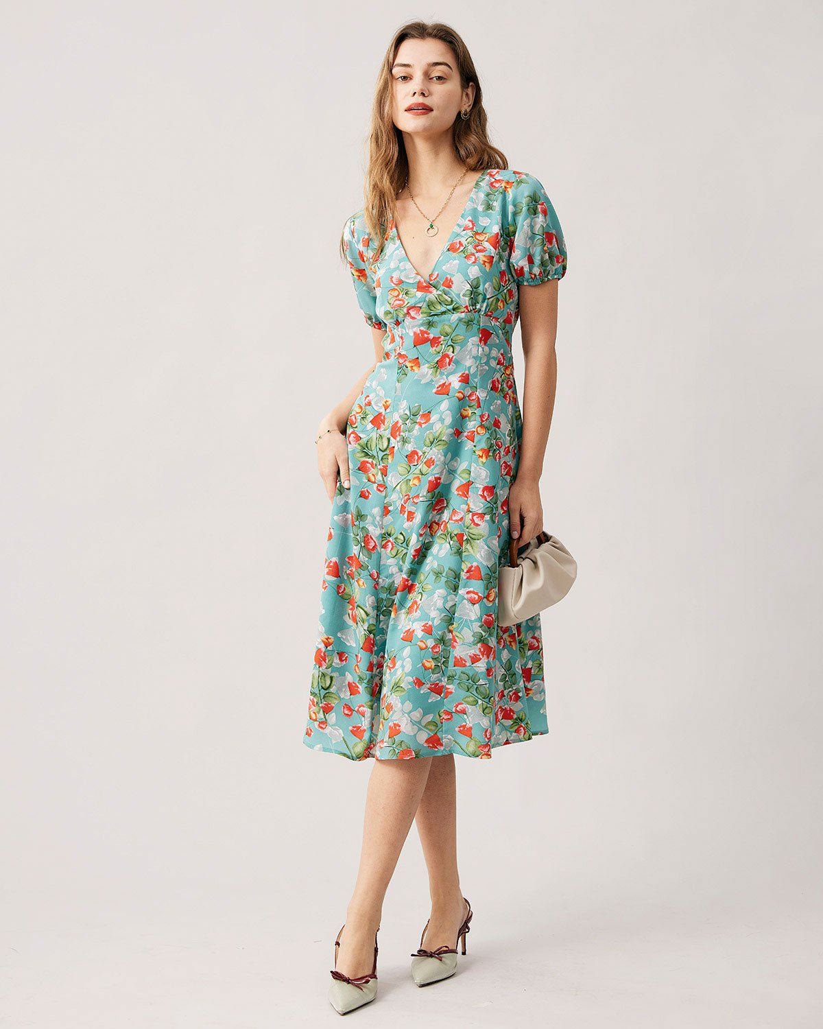 The Green V-Neck Tie Back Floral Midi Dress sold by rihoas product image thumbnail 4