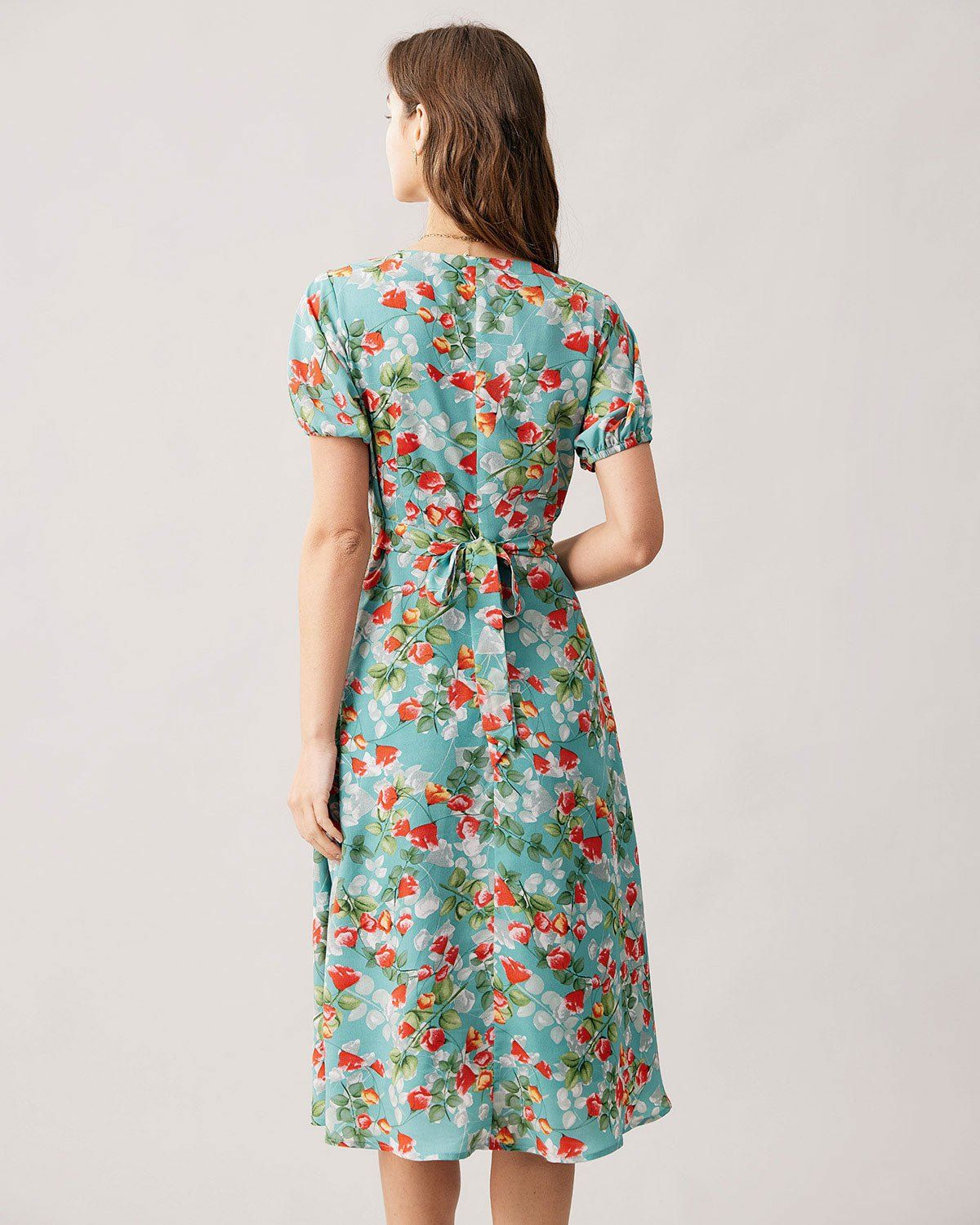 The Green V-Neck Tie Back Floral Midi Dress sold by rihoas product image thumbnail 5