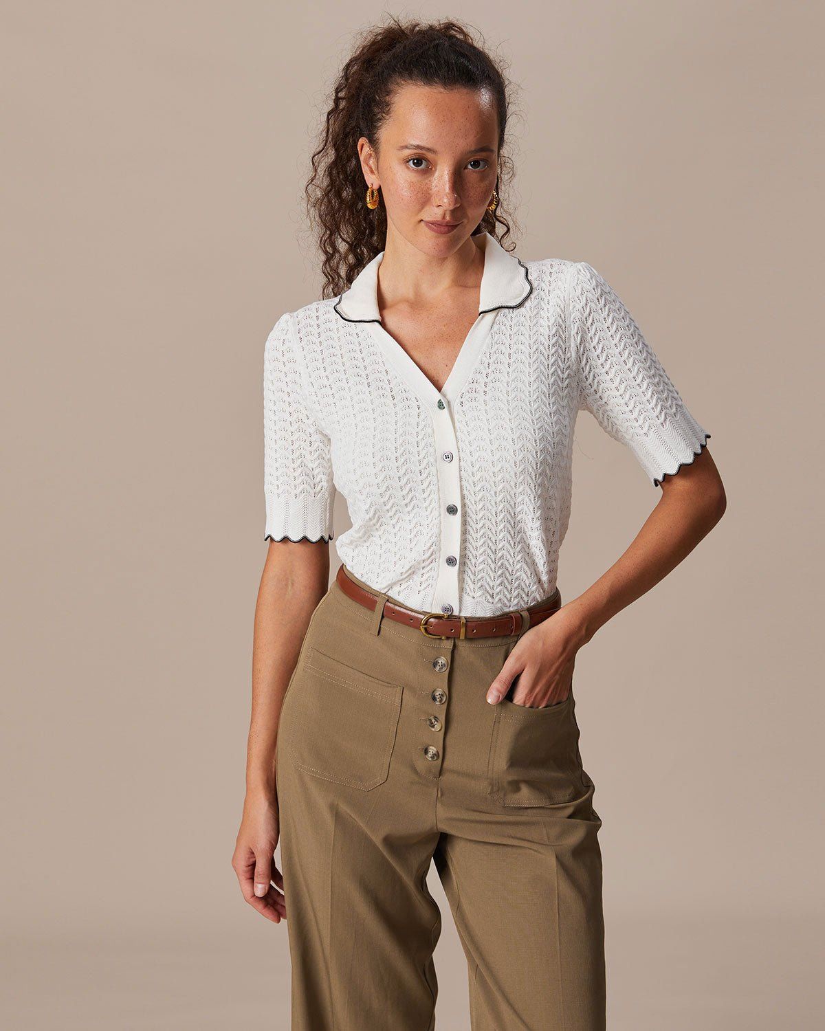 The Beige Lapel Contrasting Pointelle Knit Top sold by rihoas product image thumbnail 3