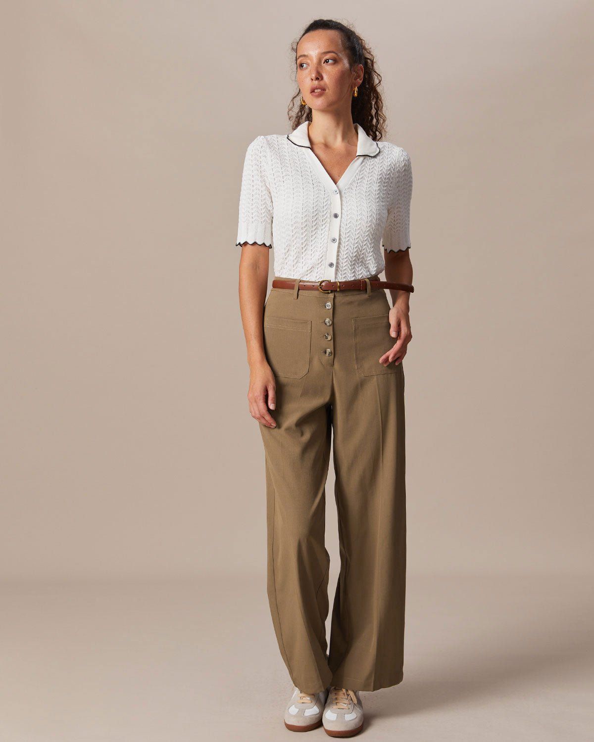 The Beige Lapel Contrasting Pointelle Knit Top sold by rihoas product image thumbnail 2