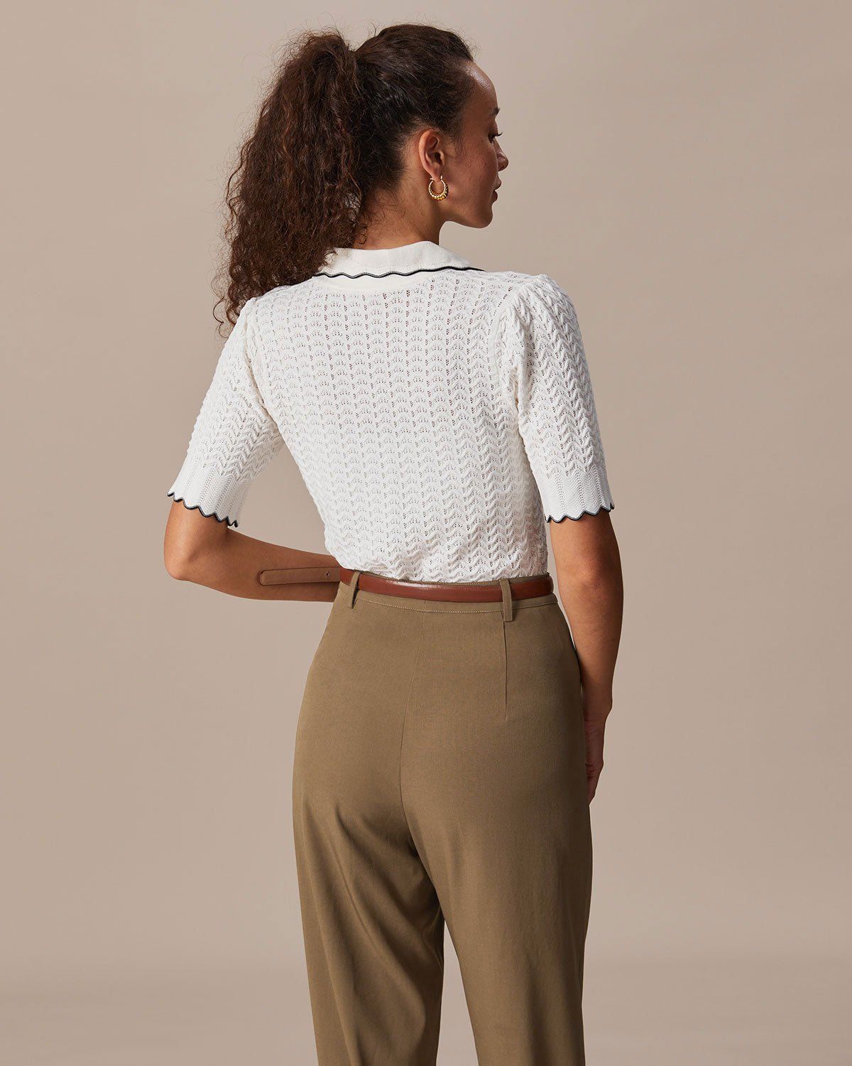 The Beige Lapel Contrasting Pointelle Knit Top sold by rihoas product image thumbnail 5