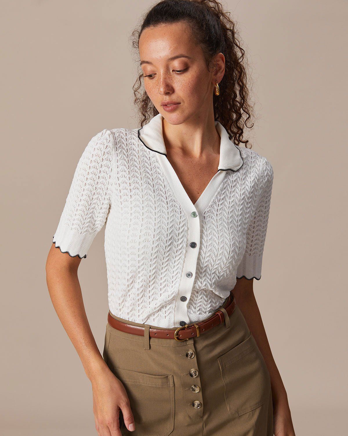 The Beige Lapel Contrasting Pointelle Knit Top sold by rihoas