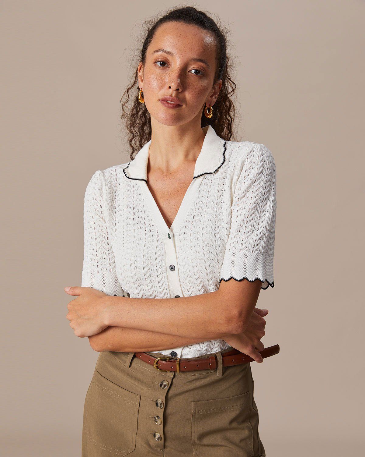 The Beige Lapel Contrasting Pointelle Knit Top sold by rihoas product image thumbnail 4