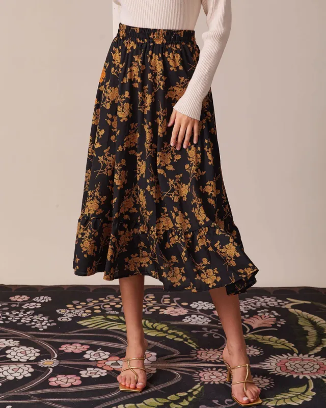 The Black Elastic Waist Ruffle Hem Midi Skirt sold by rihoas