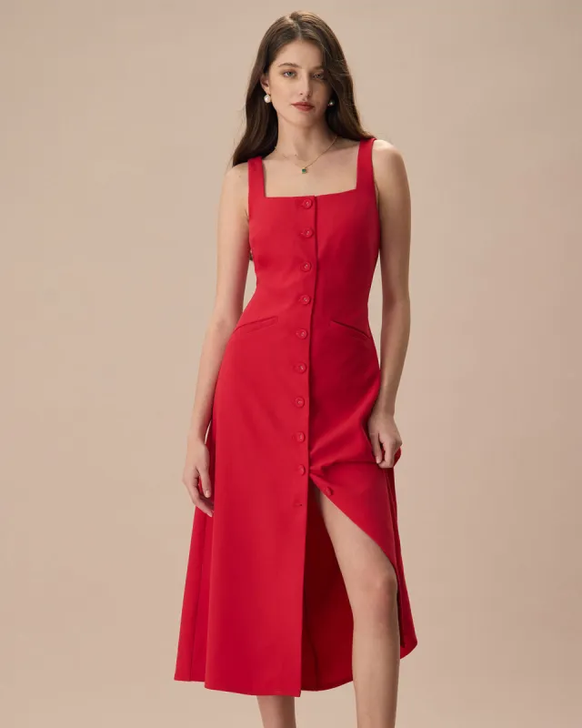 The Red Square Neck Pocket Midi Dress sold by rihoas