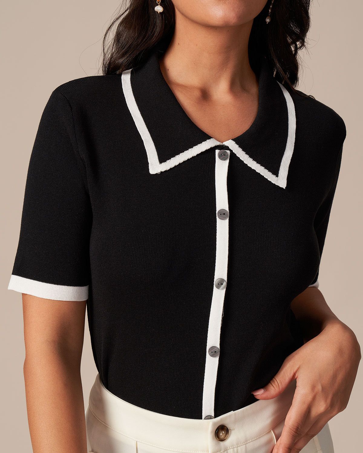 The Black Collared Contrast Ribbed Knit Tee sold by rihoas product image thumbnail 2