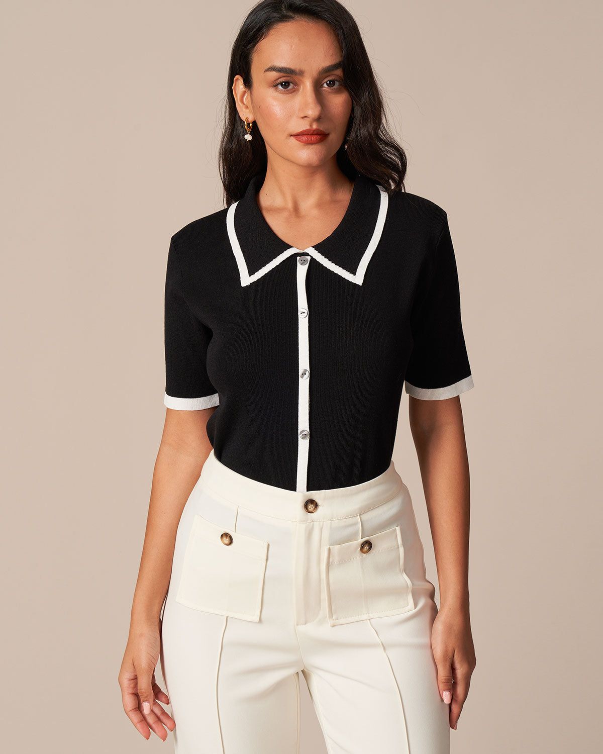 The Black Collared Contrast Ribbed Knit Tee sold by rihoas