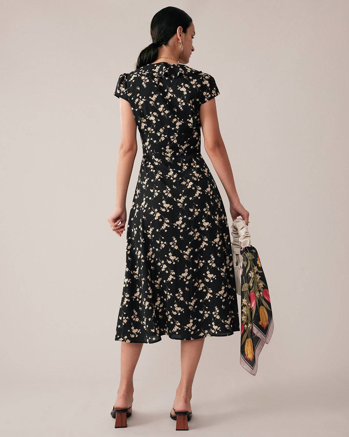 The V-neck Floral Print Wrap Midi Dress sold by rihoas product image thumbnail 5