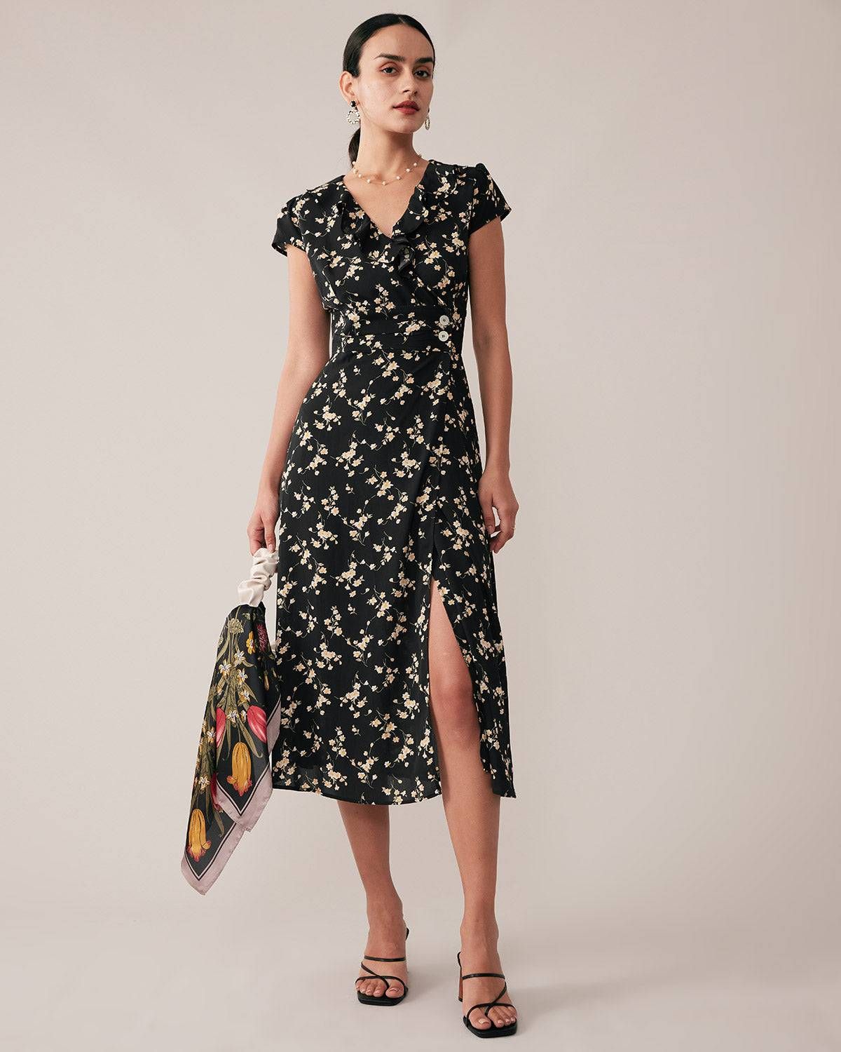 The V-neck Floral Print Wrap Midi Dress sold by rihoas